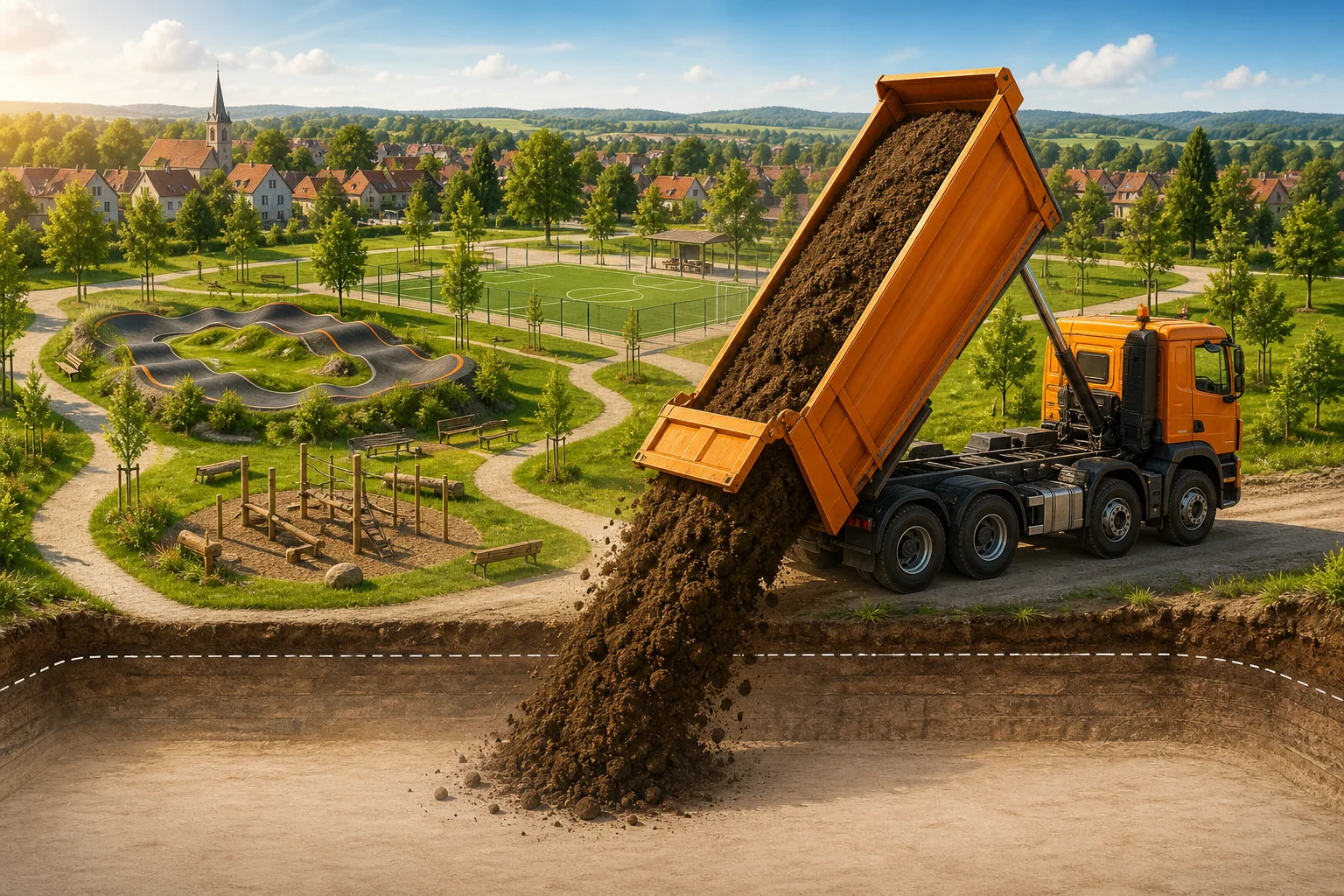 Illustration eines begrünten Freizeitgeländes mit Pumptrack, Sportfeld, Spielbereich und einem großen Kipper bei der Bodenanlieferung