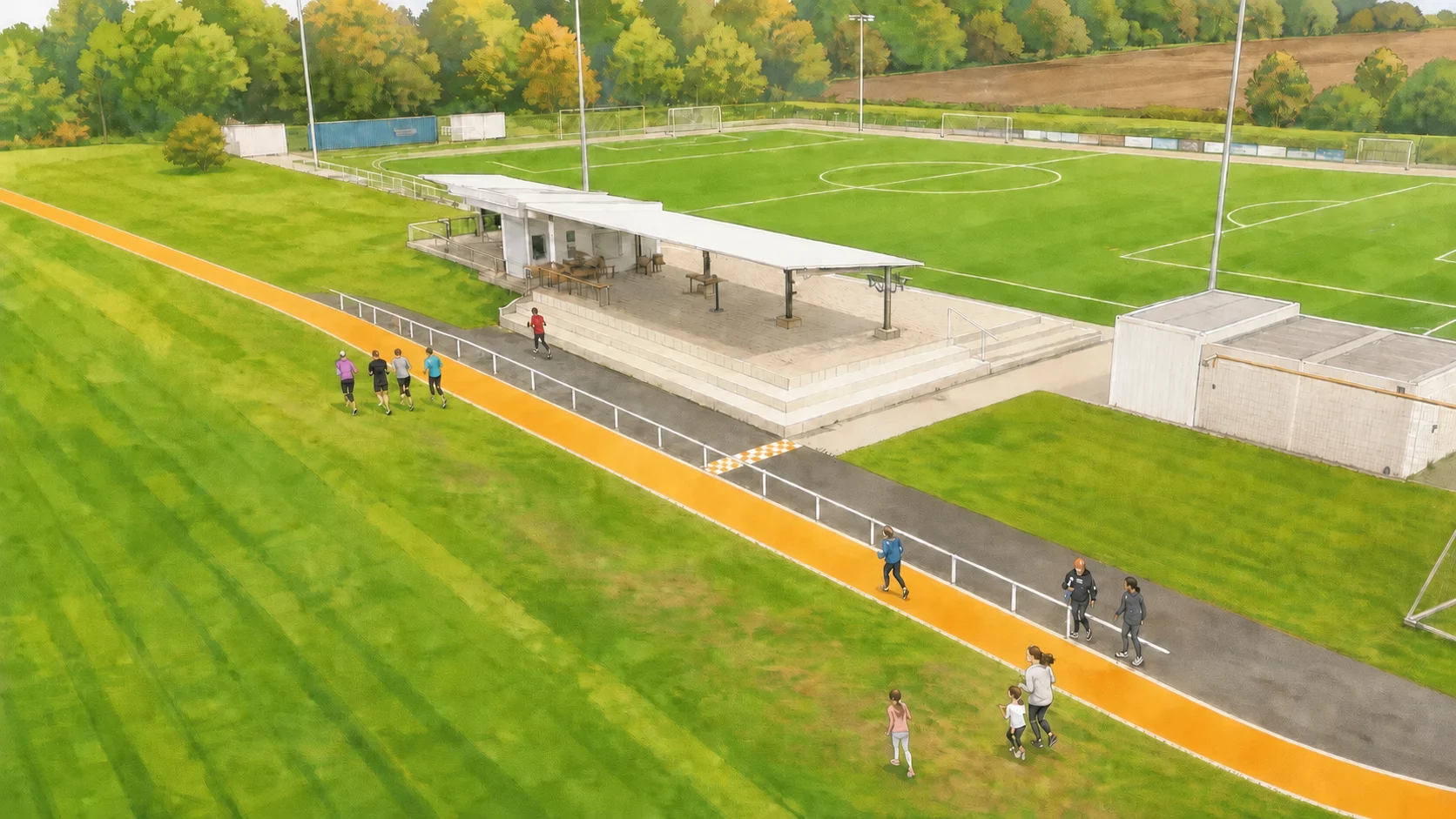 Schematisch illustrierter Lageplan des Sportgeländes der SV Erzhausen mit orange hervorgehobener Laufstrecke links entlang der Wiese